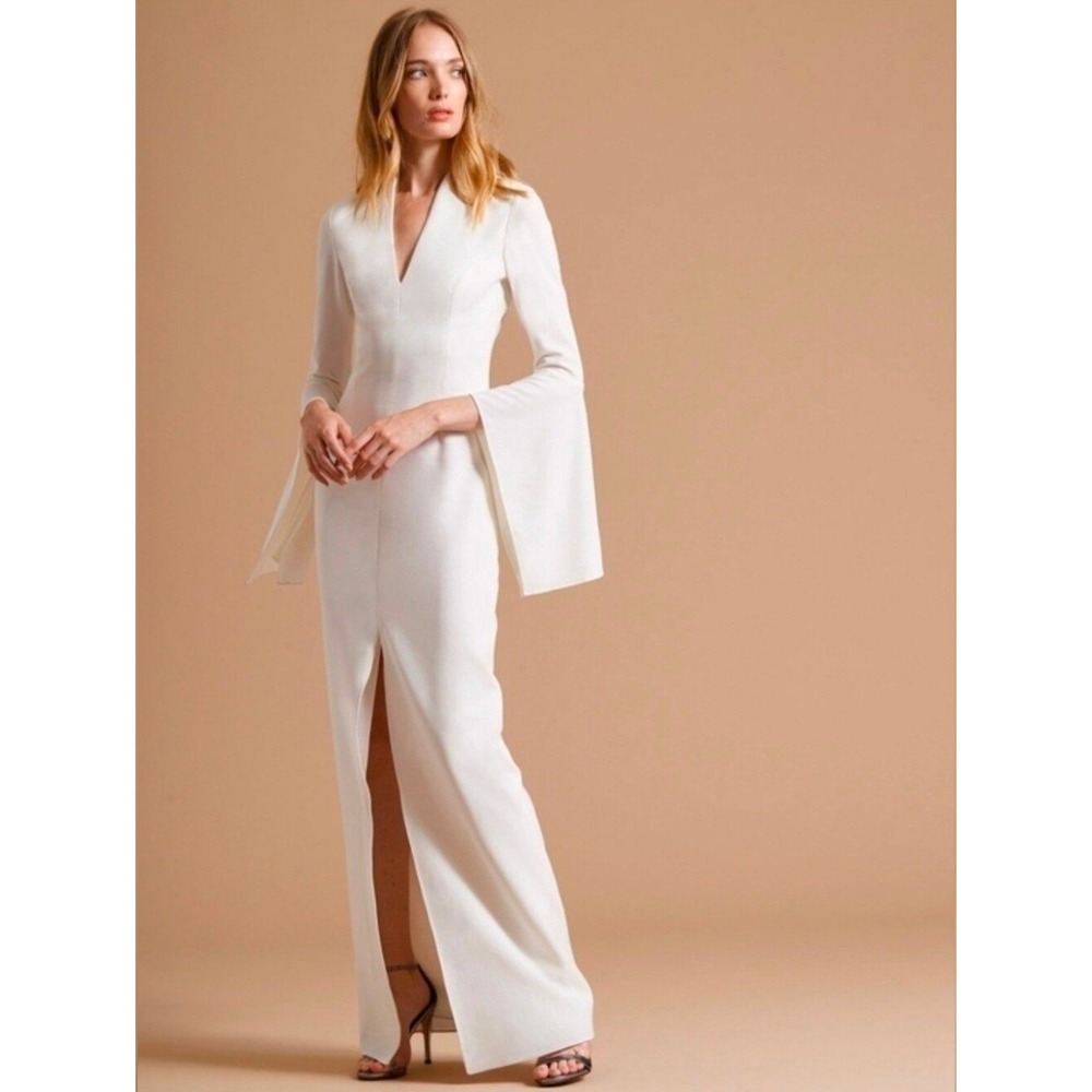 Halston Heritage Flounce Sleeve Crepe Gown 6 Wedding Bridal Front Slit V Neck